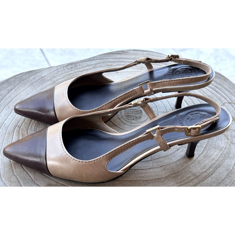 Tory Burch Slingback Pumps Two Toned Design Gold Hardware Brown/Tan SZ 8.5